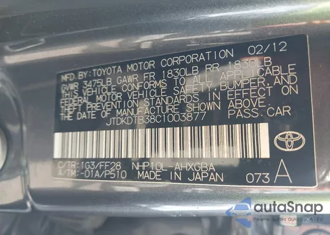 2012 Toyota Prius C Three z USA, uszkodzony, nr VIN JTDKDTB38C1003877